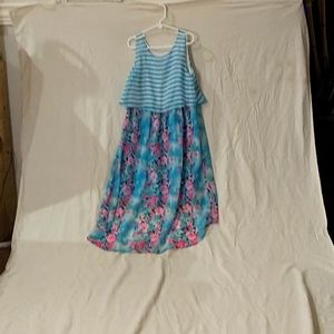 Blue/pink dress with flower details the brand is faded glory the size is a 10/12
